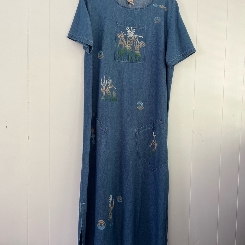 Cactus California Vintage Denim Dress Hand- Painted Kokopelli & Cactus Sz Large - Picture 3 of 16